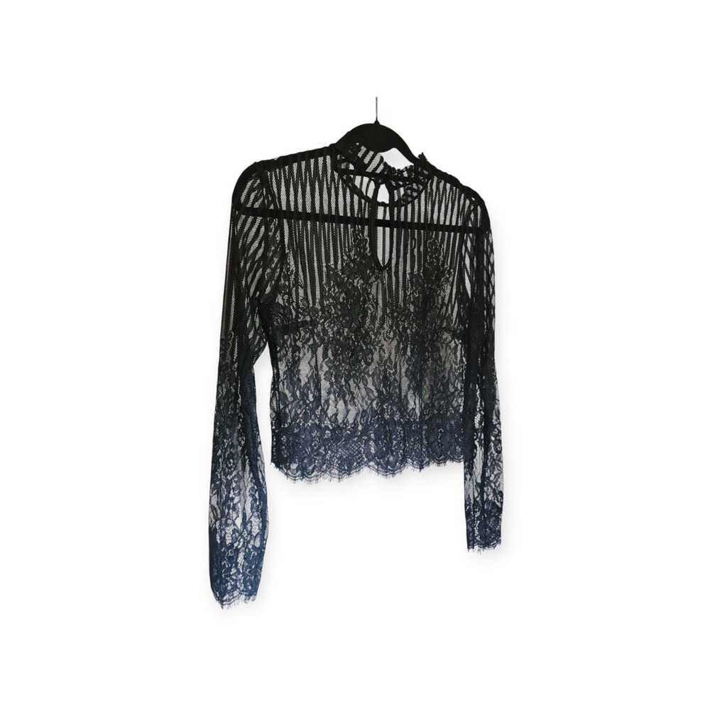 Lulus Tempt Me Black Sheer Lace Long Sleeve Crop Top Mock Neck Medium - Picture 4 of 9